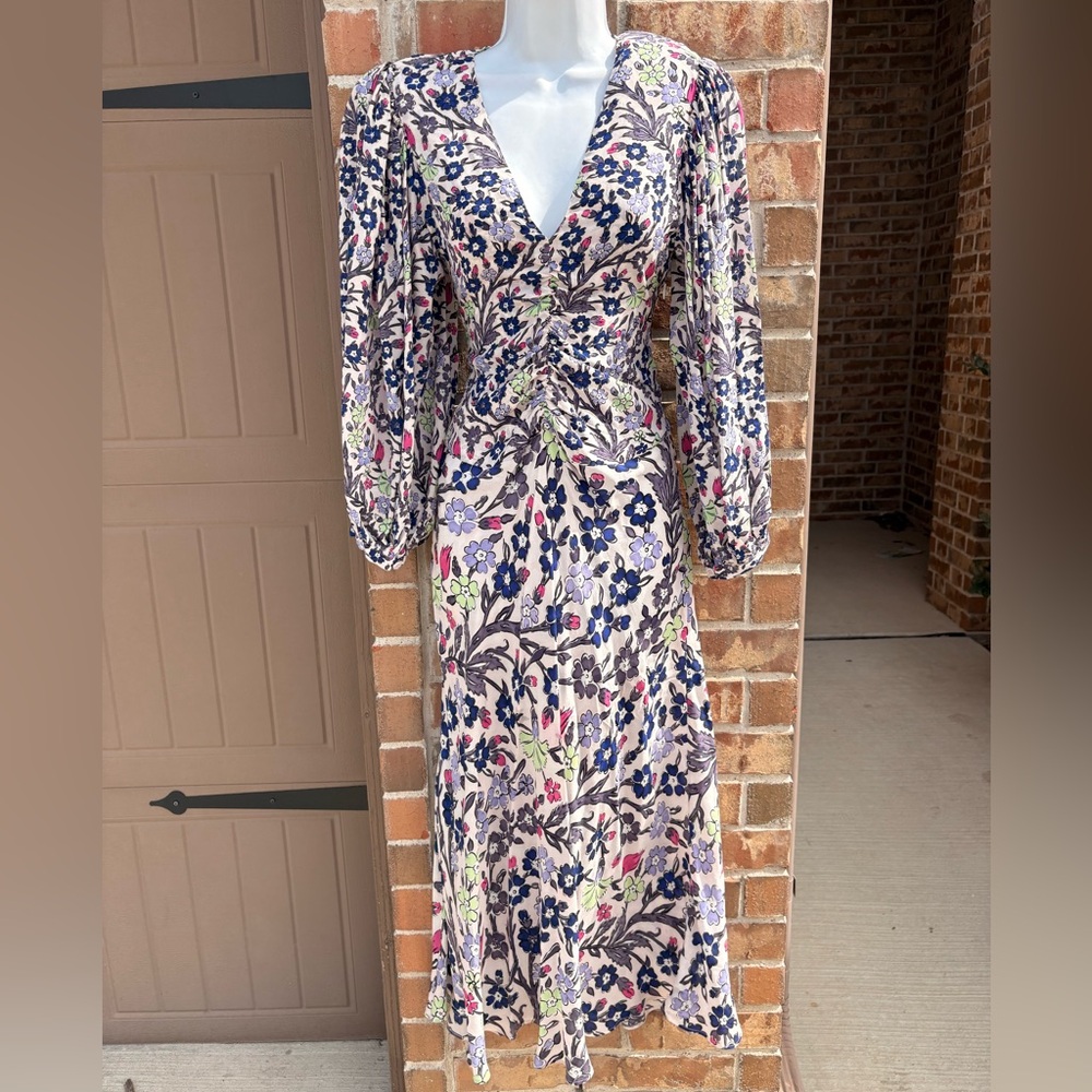 MARIA CHER RUCHED LONG SLEEVE MIDI DRESS FLORAL PRINT SIZE XS - Picture 2 of 9